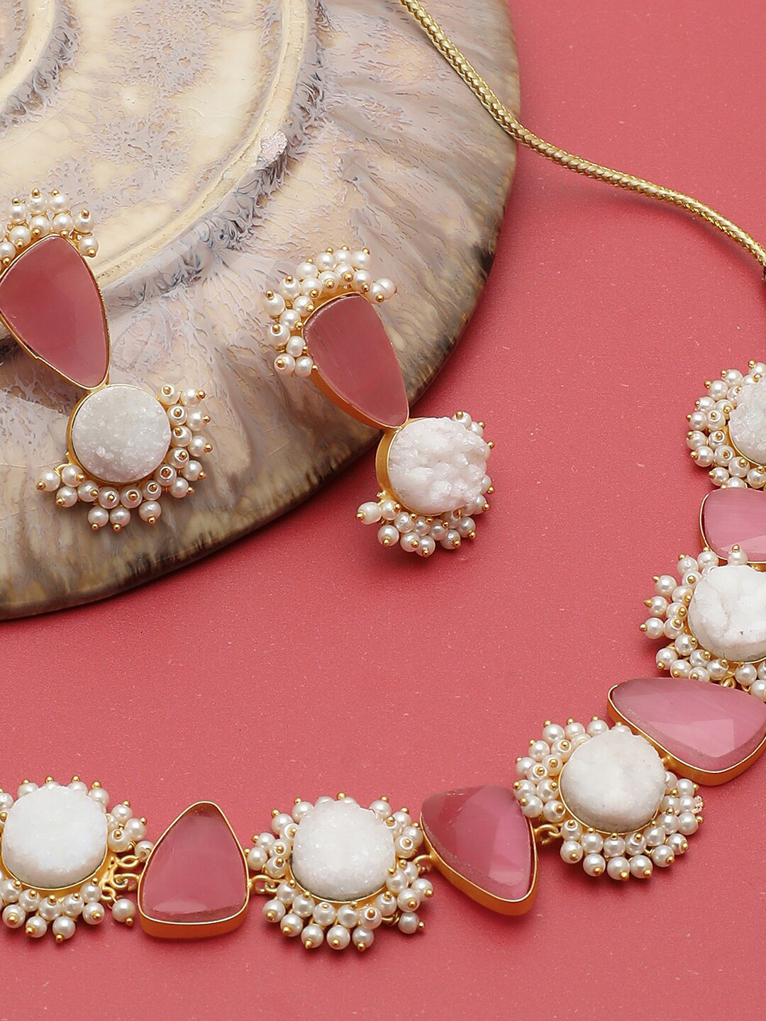 SOHI Gold-Plated Necklace Pink White Stone Studded Jewellery Set