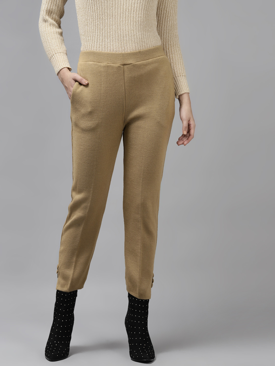 Cayman Women Camel Brown Slim Fit Cropped Trousers