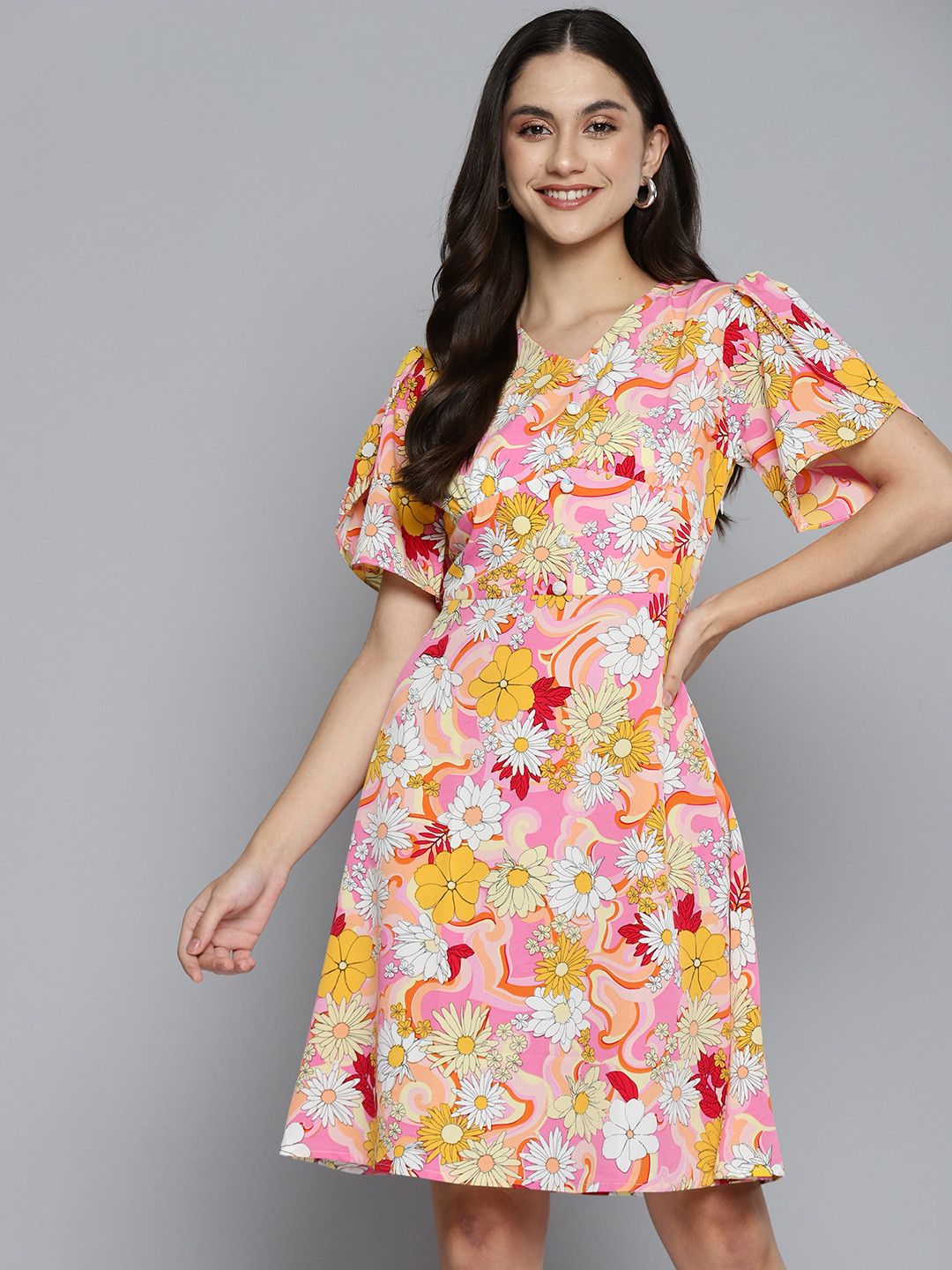 DENNISON Multicoloured Floral Crepe A-Line Dress