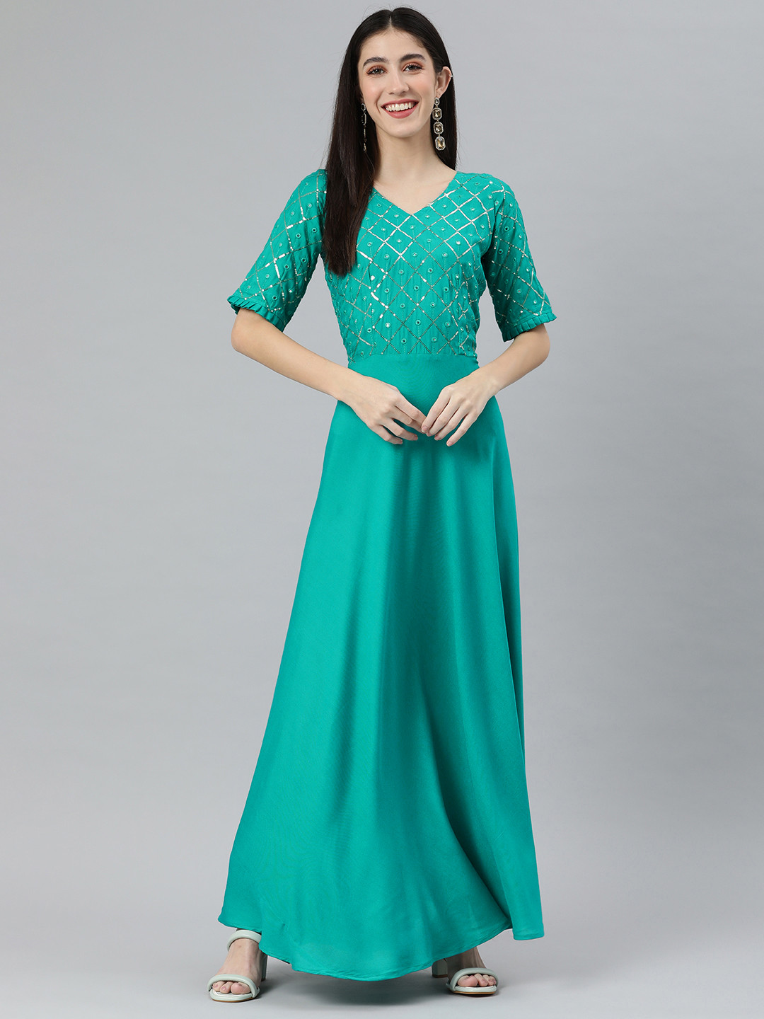 Swishchick Women Turquoise Blue Sequined Solid Ethnic Maxi Dress