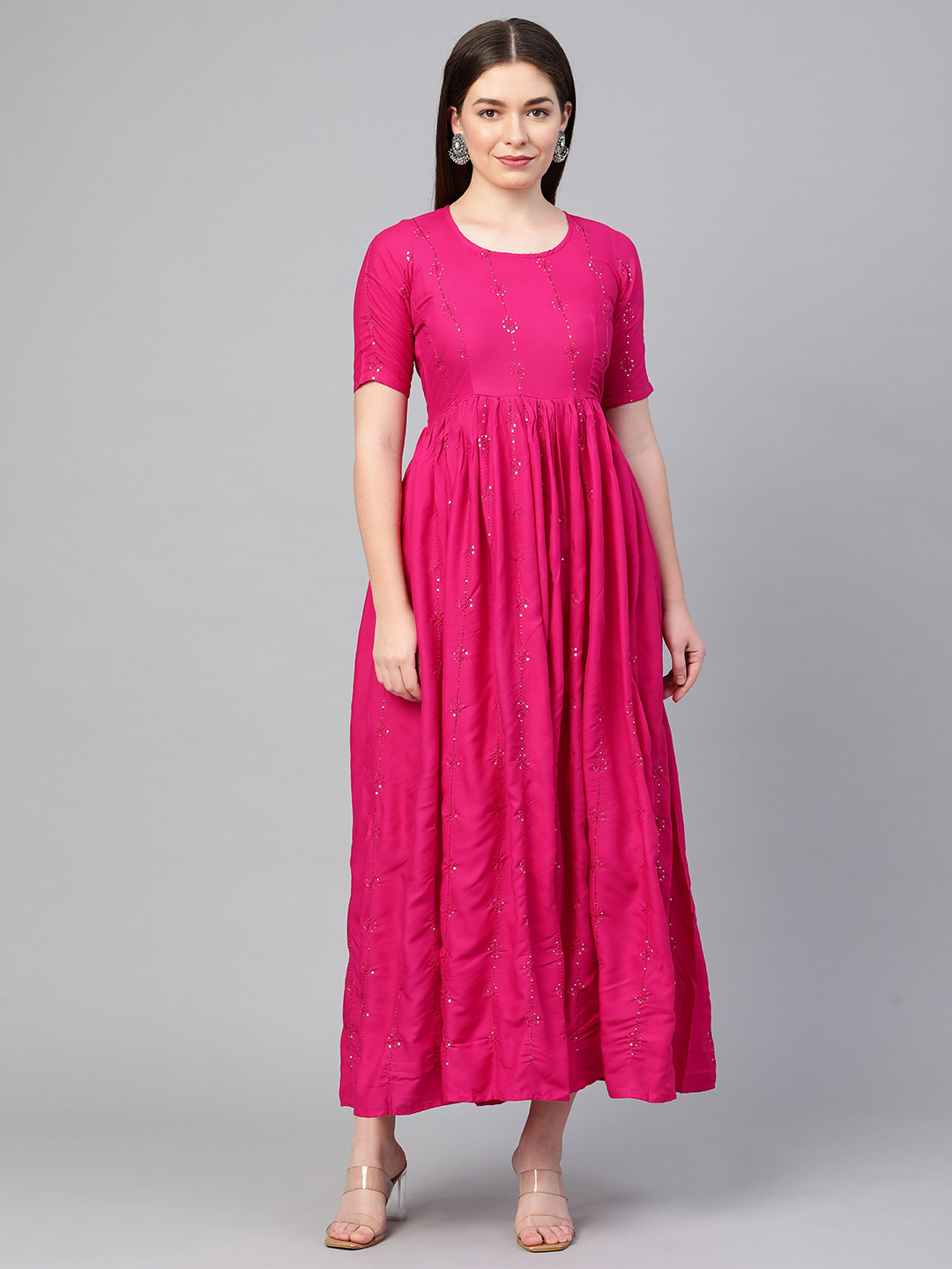 Swishchick Fuchsia Pink Sequinned Embroidered Maxi Dress with Cut-Out Back