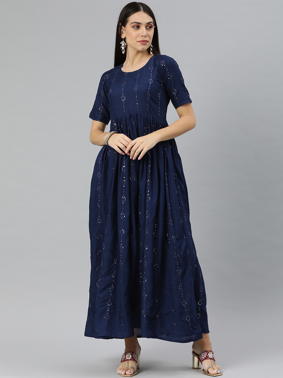 Swishchick Women Navy Blue Sequined Maxi Dress