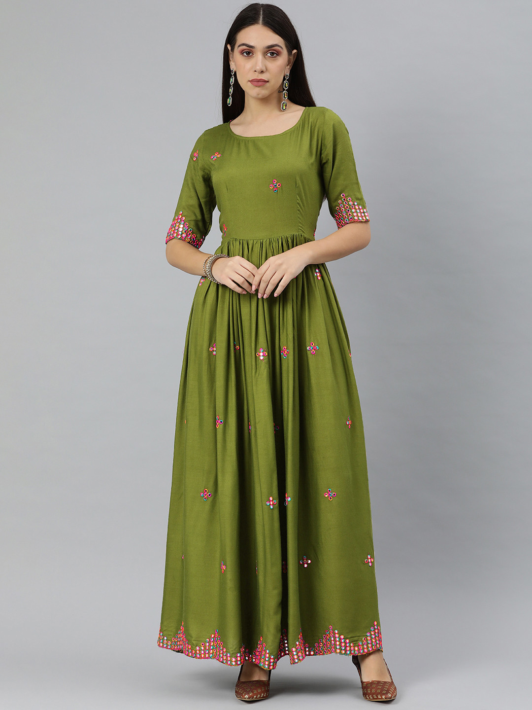 Swishchick Women Olive Green Mirror Work Ethnic Maxi Dress