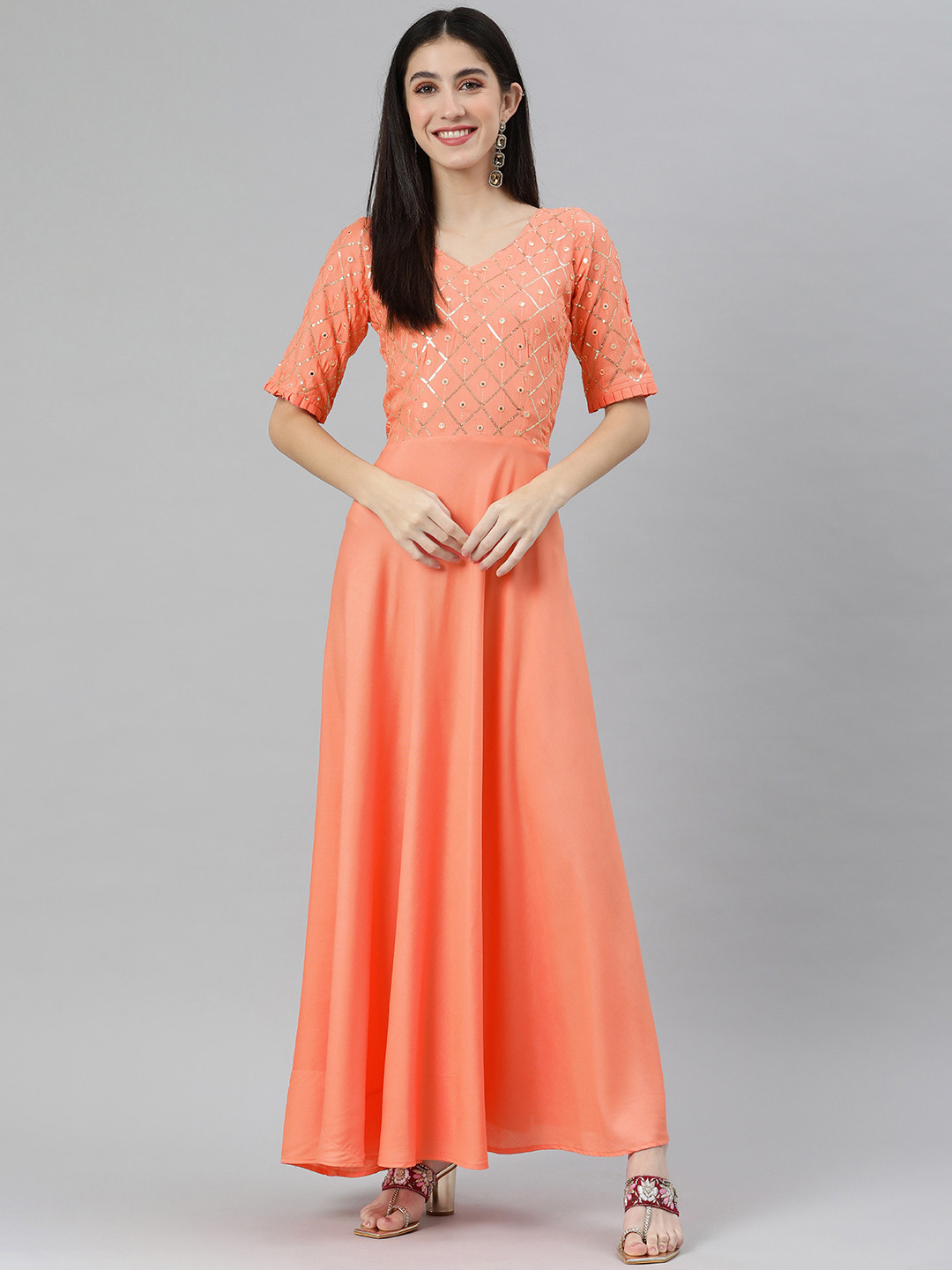 Swishchick Women Peach-Coloured Sequined Maxi Dress