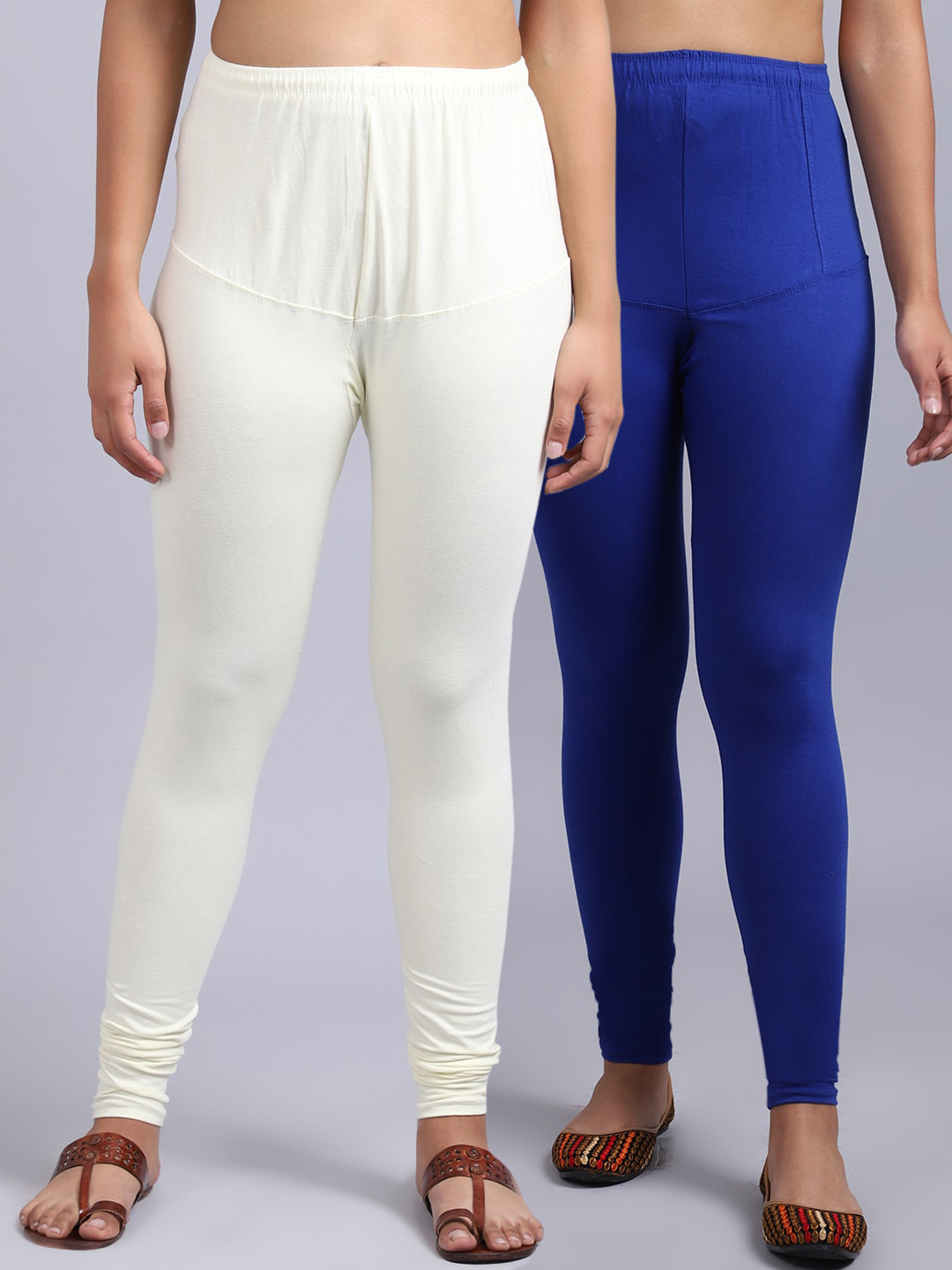 GRACIT Women Blue & Off White Lycra Solid Leggings