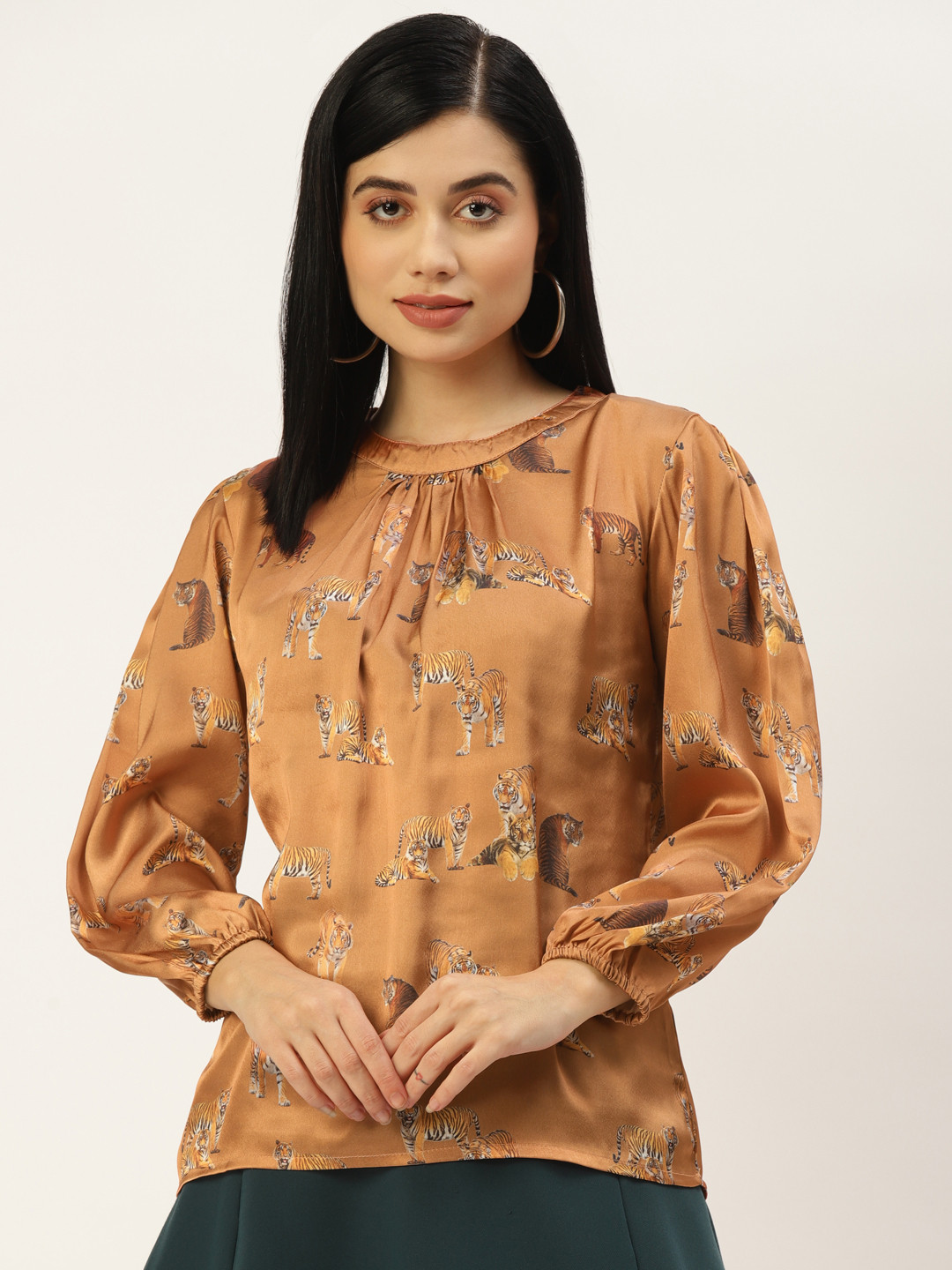 AKIMIA Brown Print Satin Blouson Top
