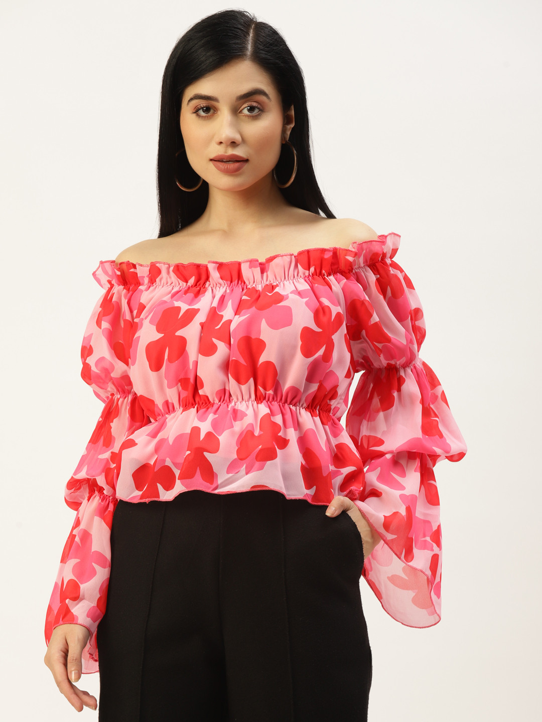 AKIMIA Pink & Fuchsia Floral Print Off-Shoulder Georgette Bardot Crop Top