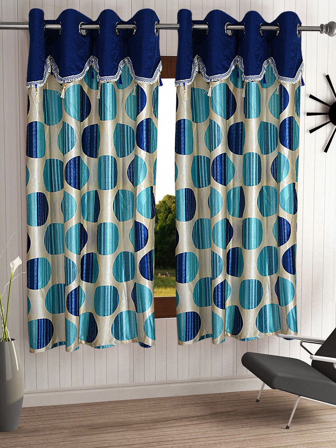 Cortina Blue & Beige Set of 2 Geometric Window Curtains