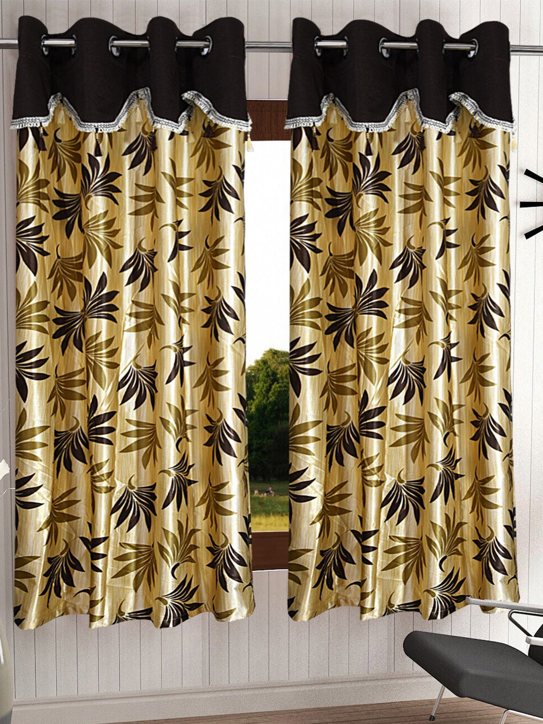 Cortina Brown and Beige Set of 2 Floral Printed Window Curtain