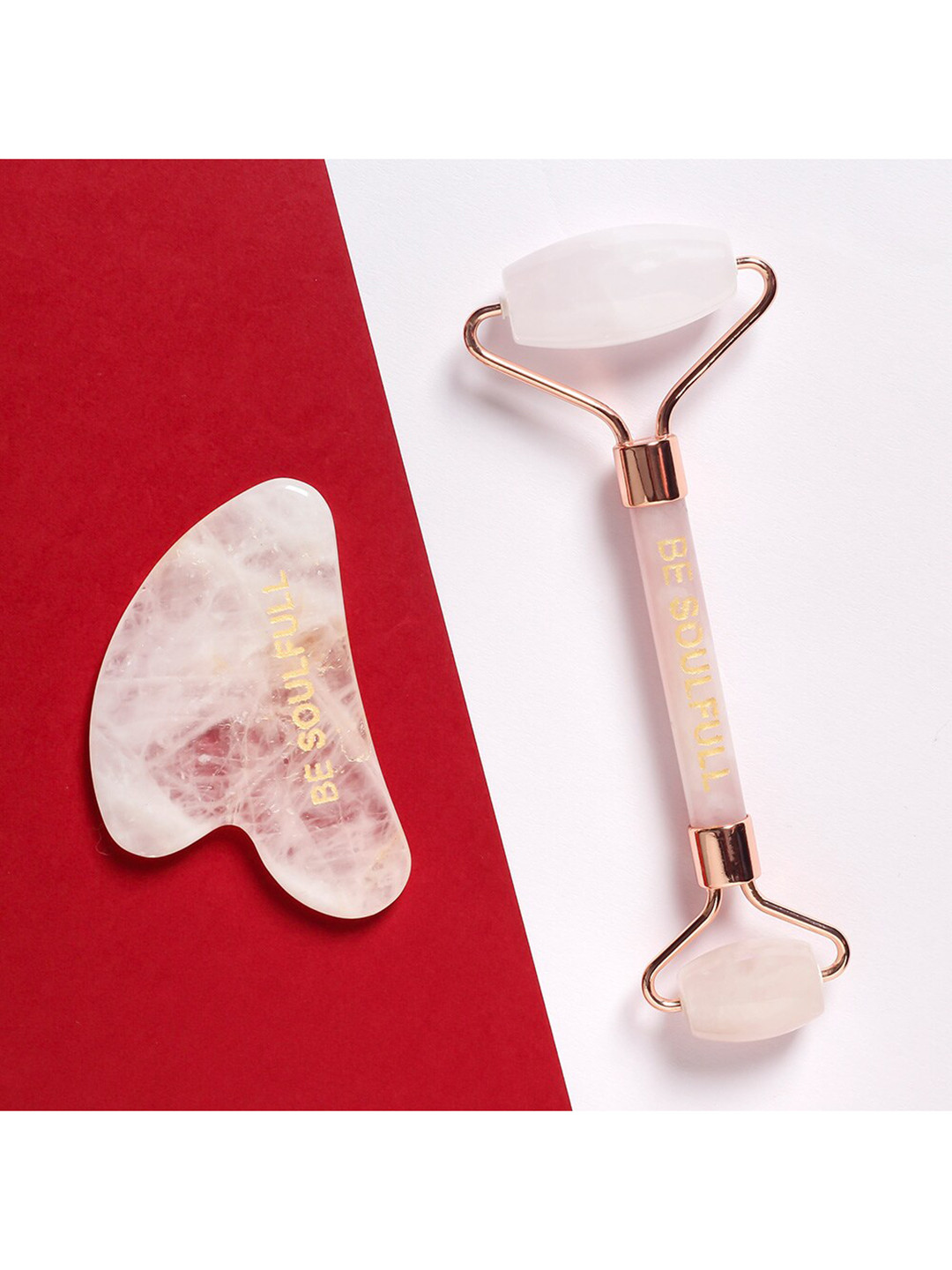 BE SOULFULL Set Of 2 Pink Rose Quartz Gua Sha & Face Roller Sculpting Kit