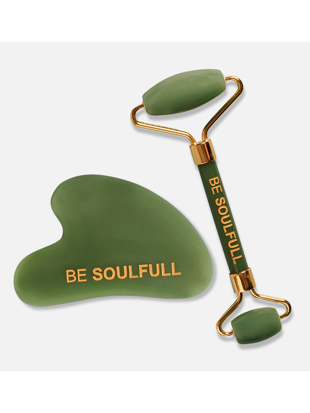 BE SOULFULL Set Of 2 Green Jade Stone Gua Sha & Face Roller Refining Kit