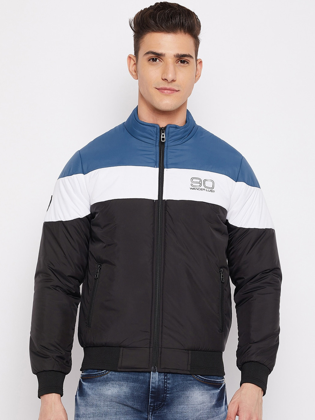 Duke Men Blue White Colourblocked Bomber Jacket