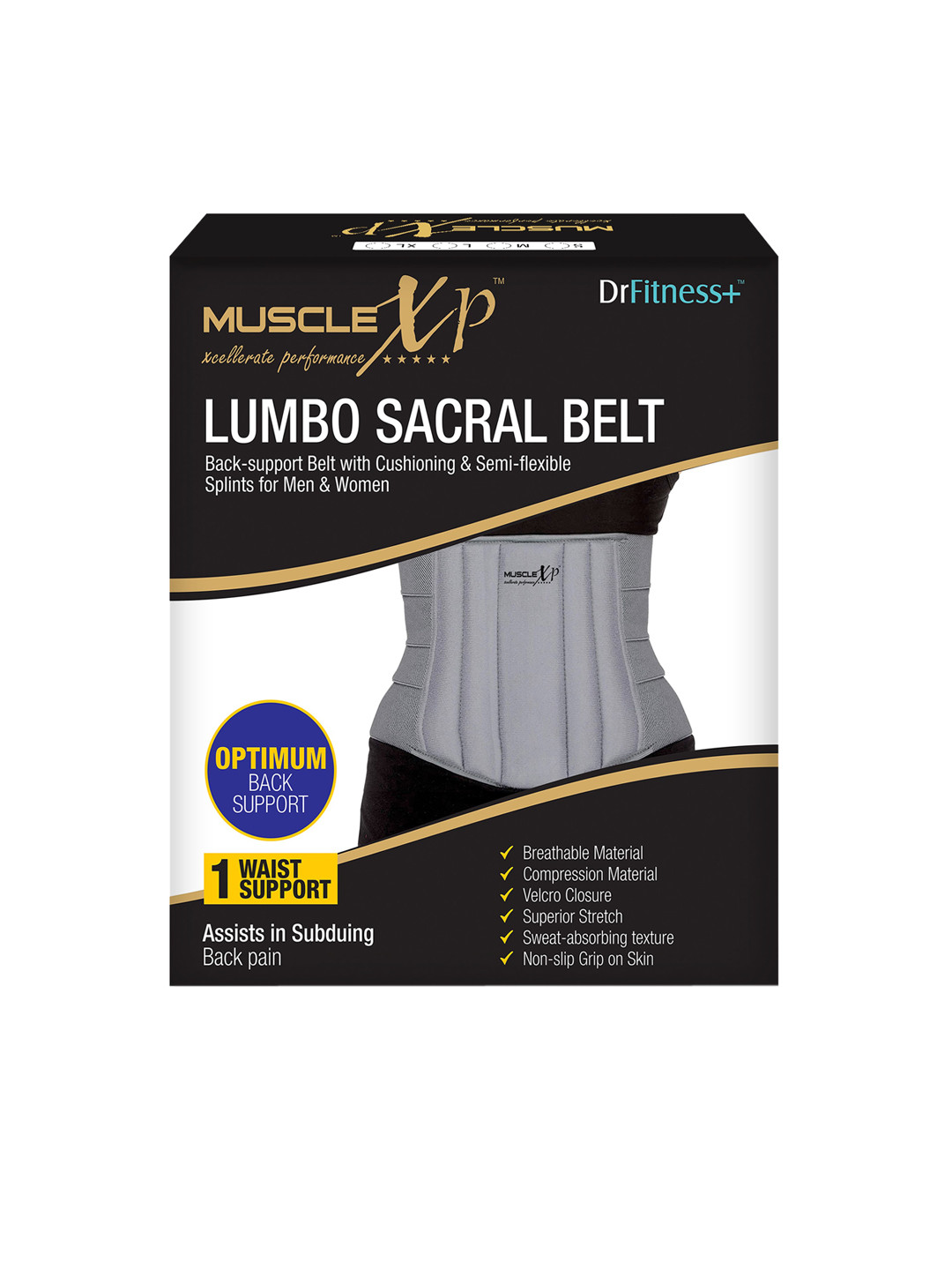 MUSCLEXP Black Solid Lumbo Sacral Belt