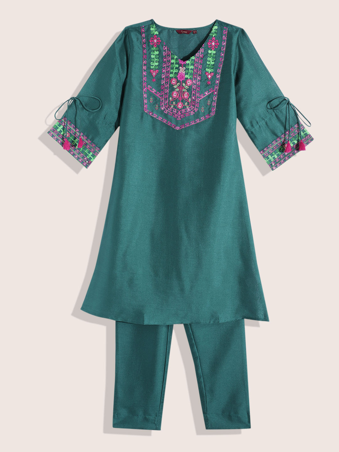 Sangria Teen Girls Floral Yoke Design Thread Work Detail A-Line Kurta with Trousers