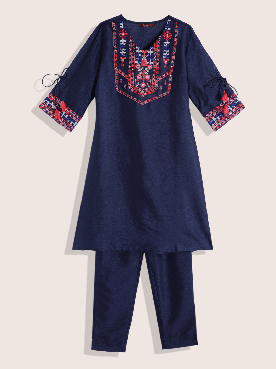 Sangria Teen Girls Floral Yoke Design Thread Work Detail A-Line Kurta with Trousers