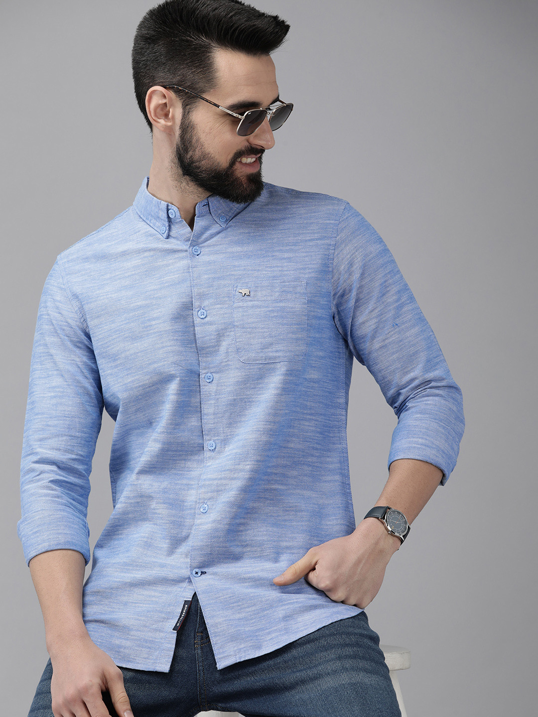 THE BEAR HOUSE Men Blue Self Design Slim Fit Cotton Chambray Shirt