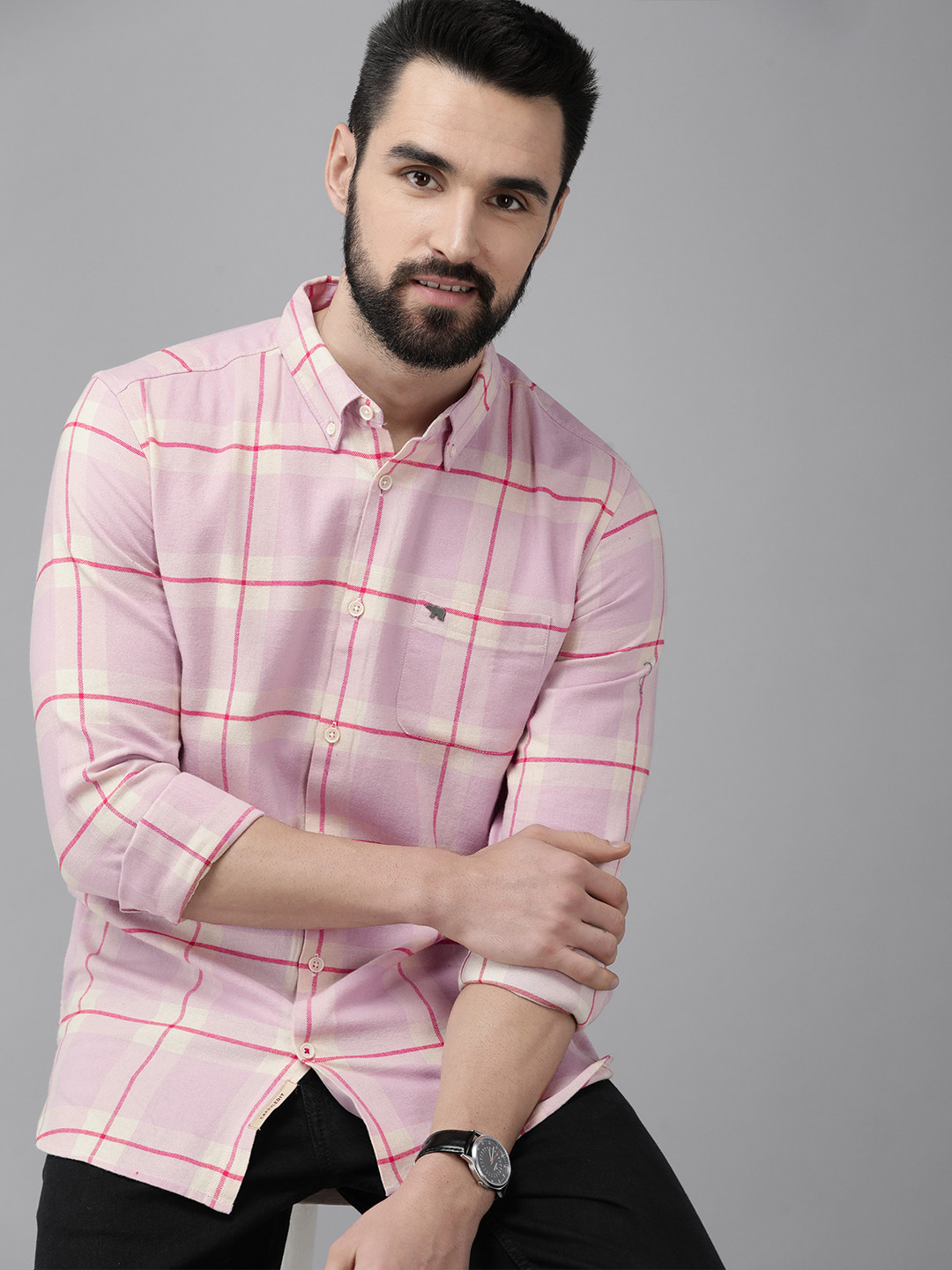THE BEAR HOUSE Men Pink & Beige Slim Fit Checked Cotton Flannel Shirt
