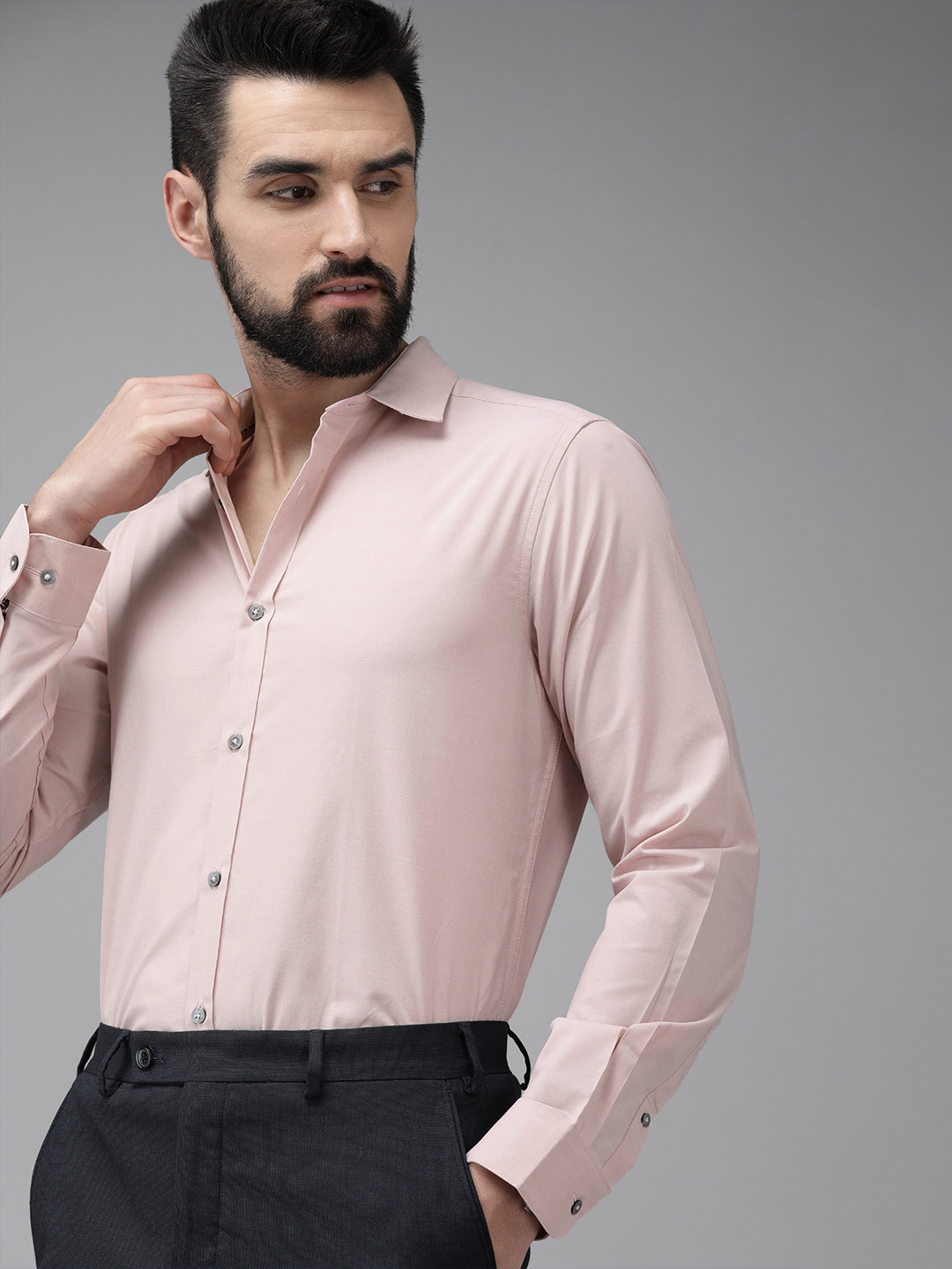 THE BEAR HOUSE Men Dusty Pink Solid Slim Fit Cotton Formal Shirt