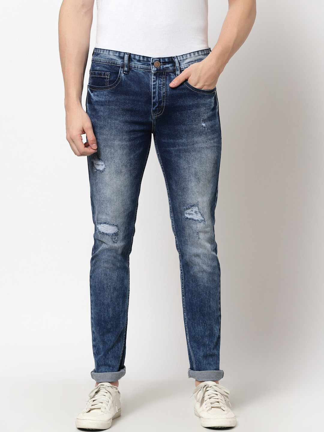 FEVER Men Blue Slim Fit Mildly Distressed Ripped Heavy Fade Stretchable Jeans