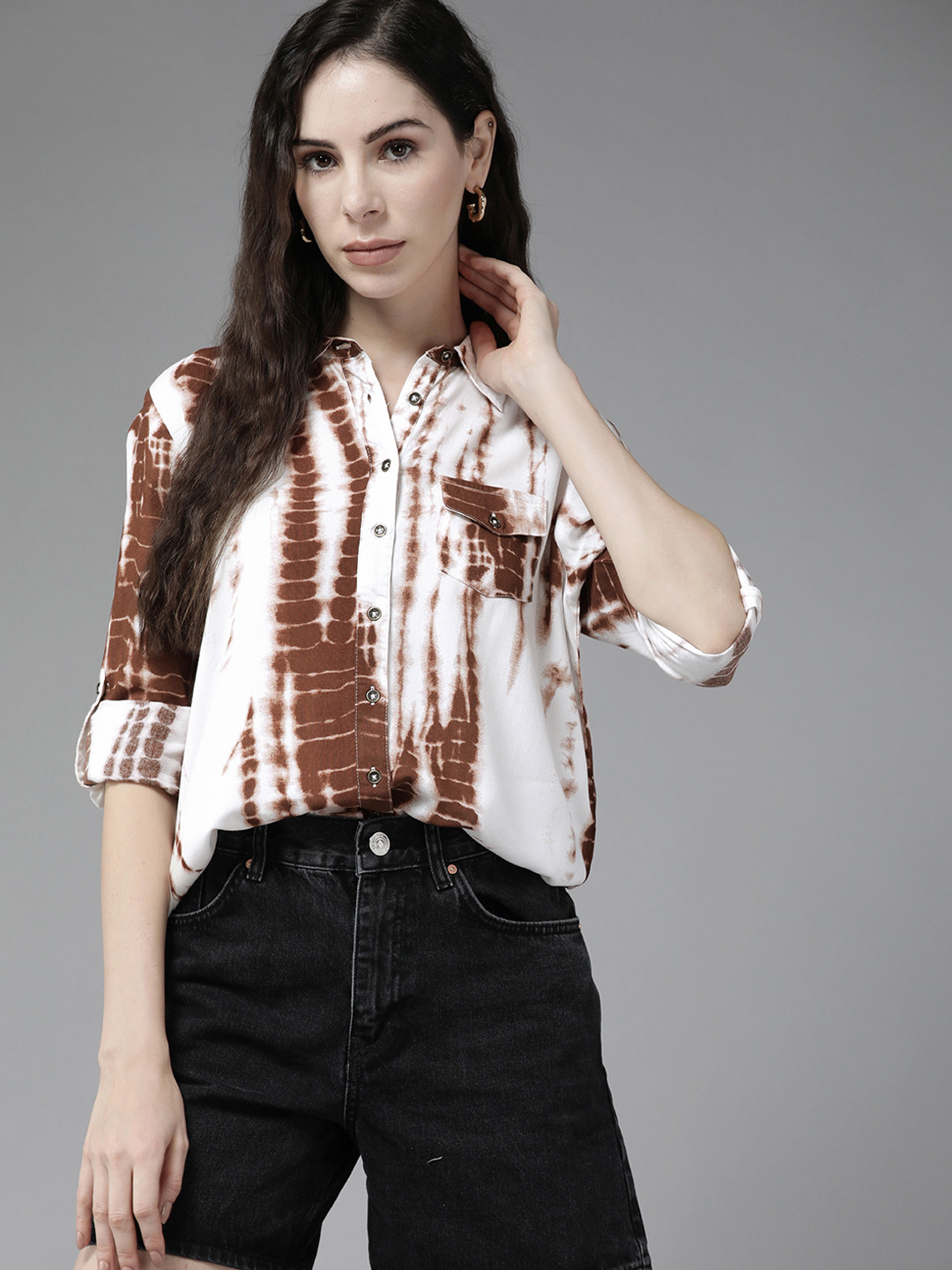 Roadster Women White & Brown Tie and Dyed Casual Shirt