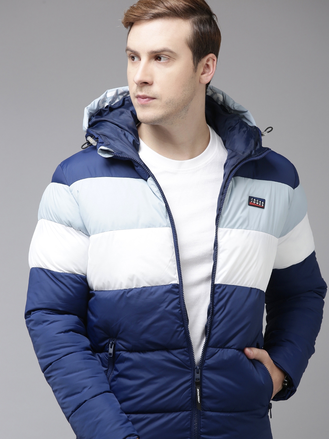 Blue and white store puffer jacket