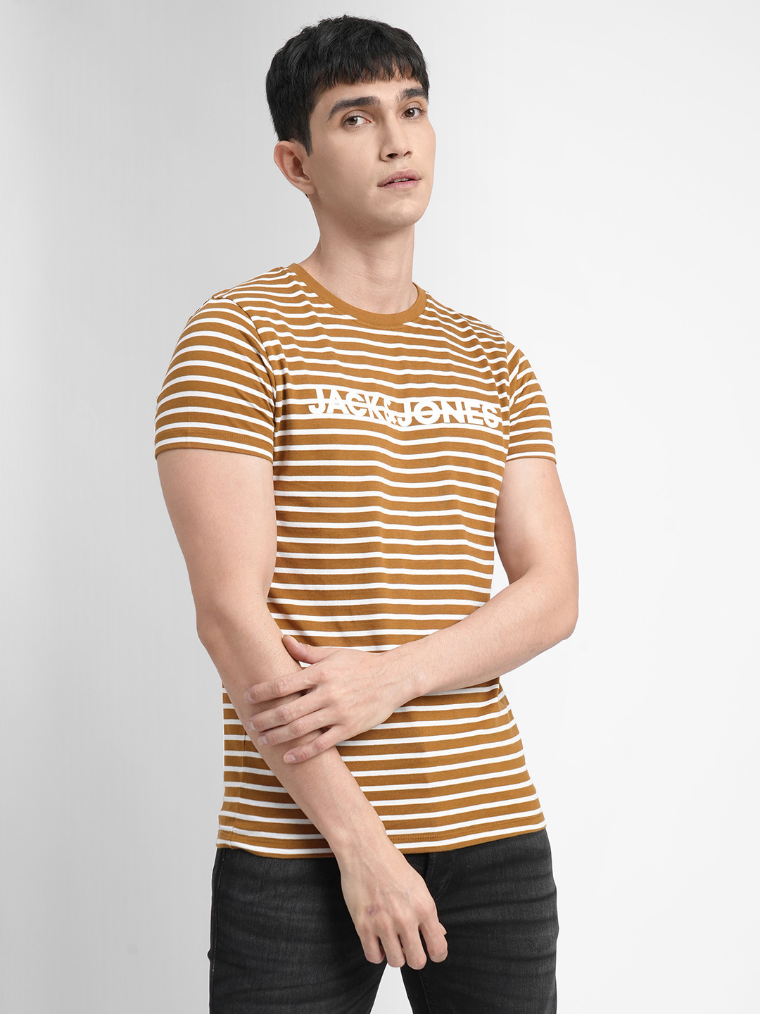 Jack & Jones Men Brown & White Striped Pure Cotton Slim Fit T-shirt
