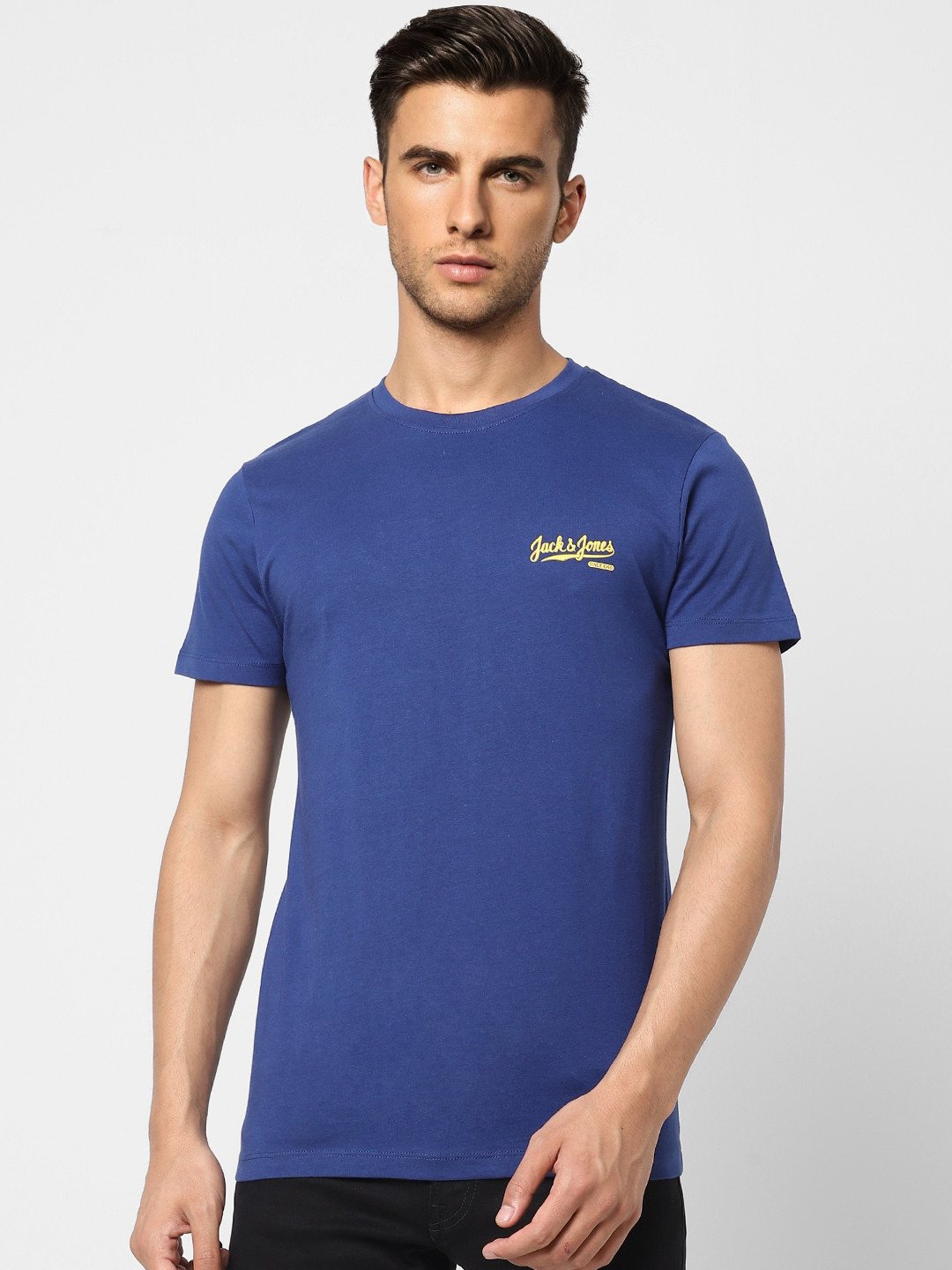 Jack & Jones Men Blue Brand Logo Printed Pure Cotton Slim Fit T-shirt