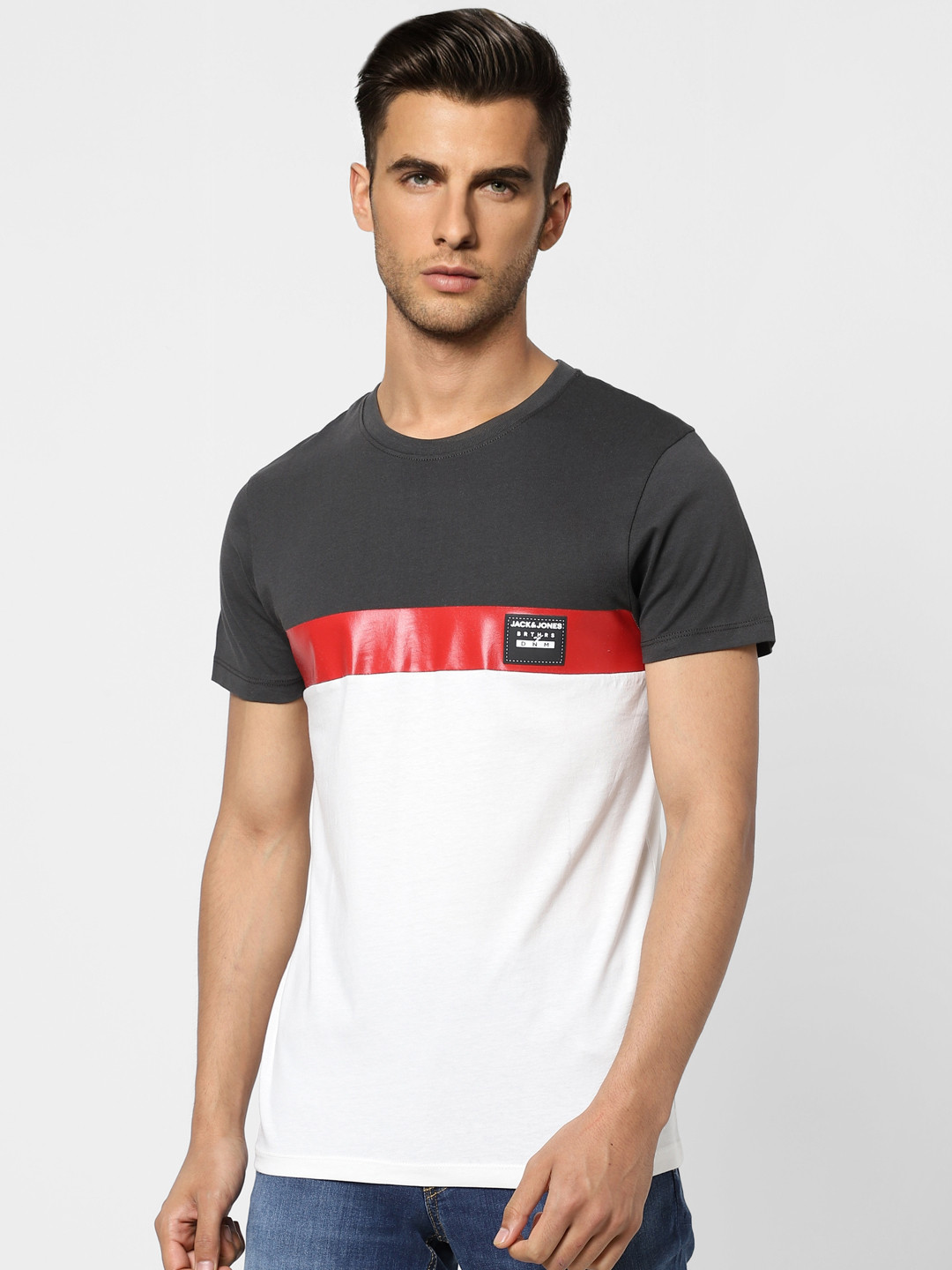 Jack & Jones Men White & Charcoal Grey Colourblocked Better Cotton Initiative T-shirt