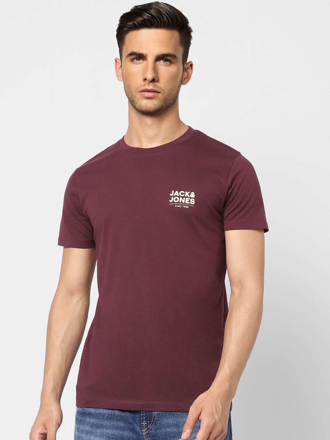 Jack & Jones Men Purple Brand Logo Printed Pure Cotton Slim Fit T-shirt