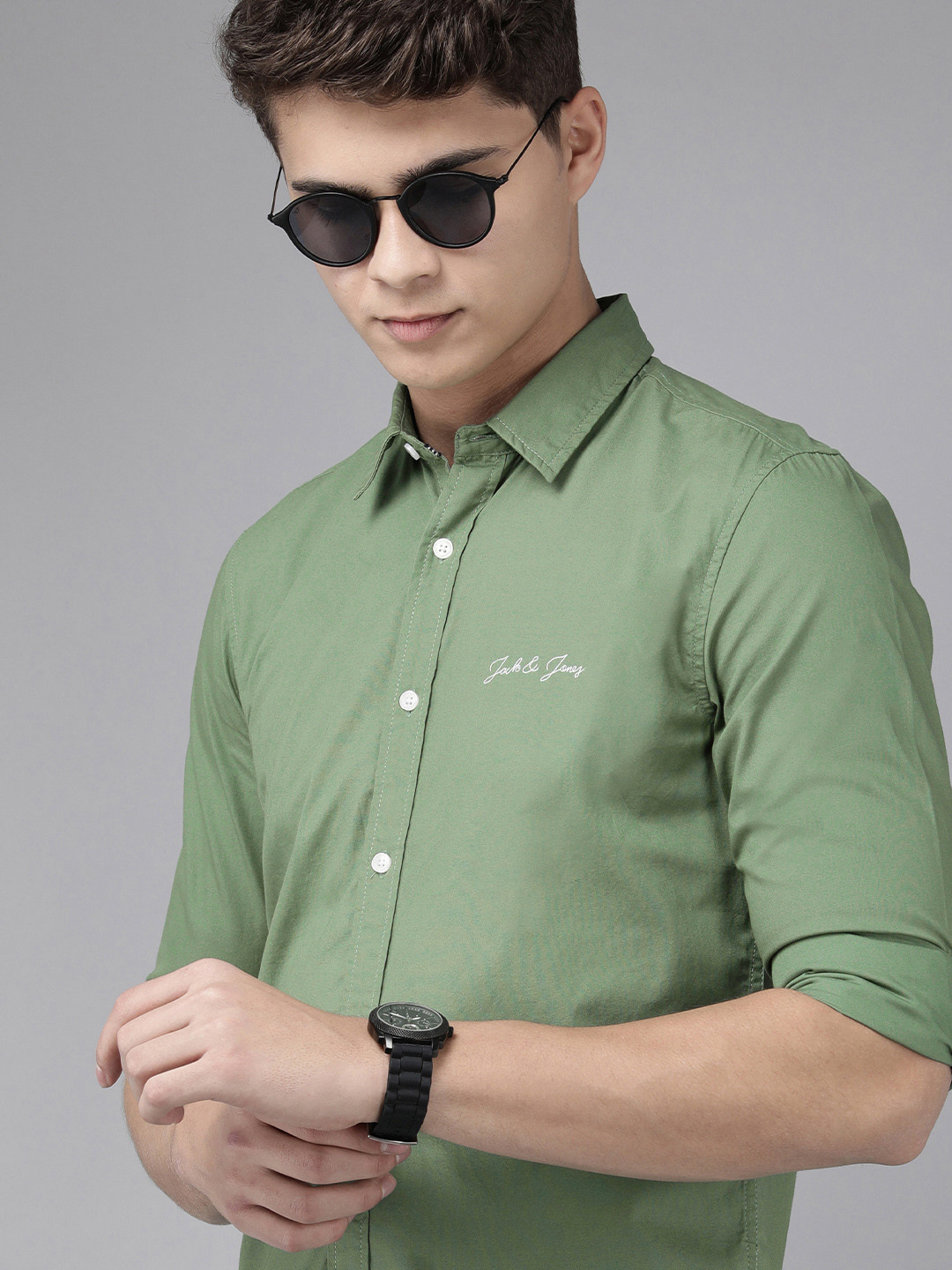 Jack & Jones Men Green Pure Cotton Original Long Sleeves Slim Fit Casual Shirt