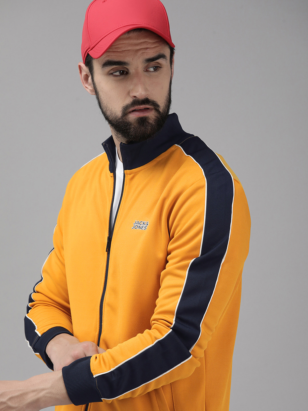 Jack & Jones Men Mustard Yellow Solid Bomber Jacket with Striped Detailing