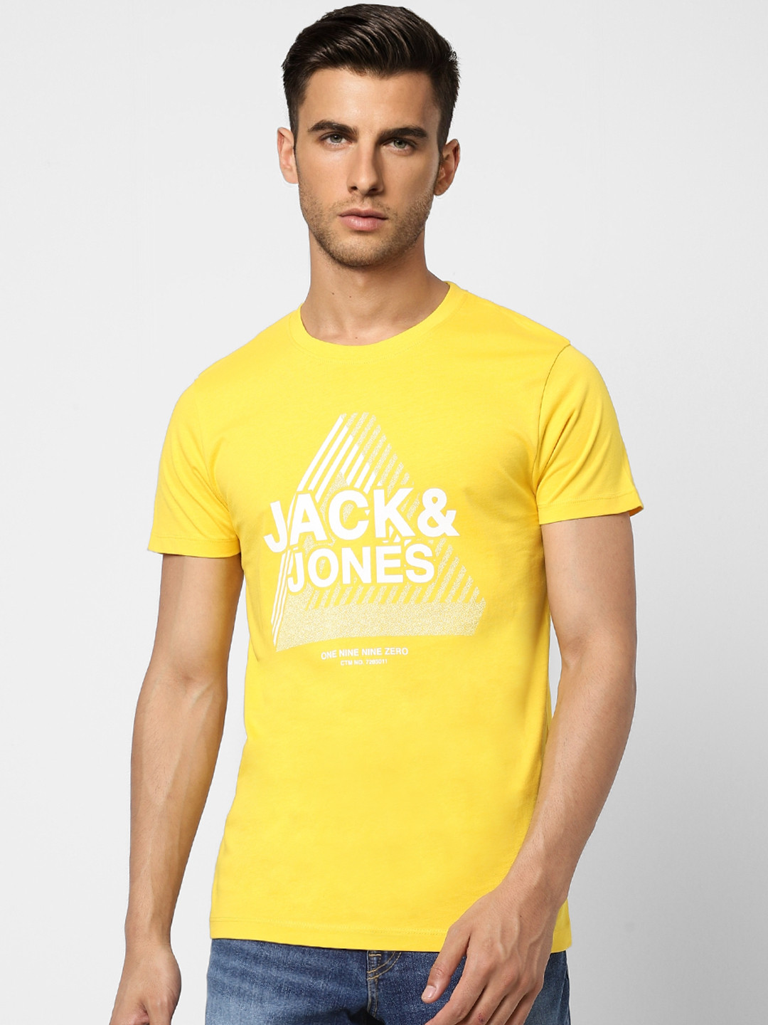 Jack & Jones Men Yellow Brand Logo Print Round Neck Better Cotton Initiative T-shirt
