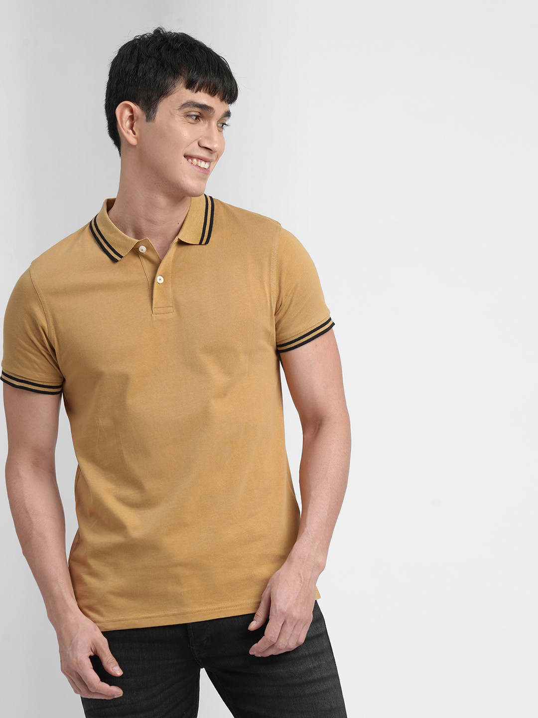 Jack & Jones Men Beige Polo Collar Pure Cotton T-shirt