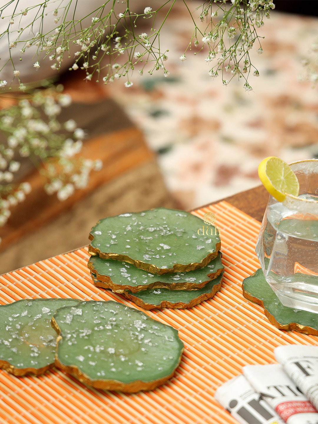 DULI Set of 6 Green Mint Flakes Resin Coaster