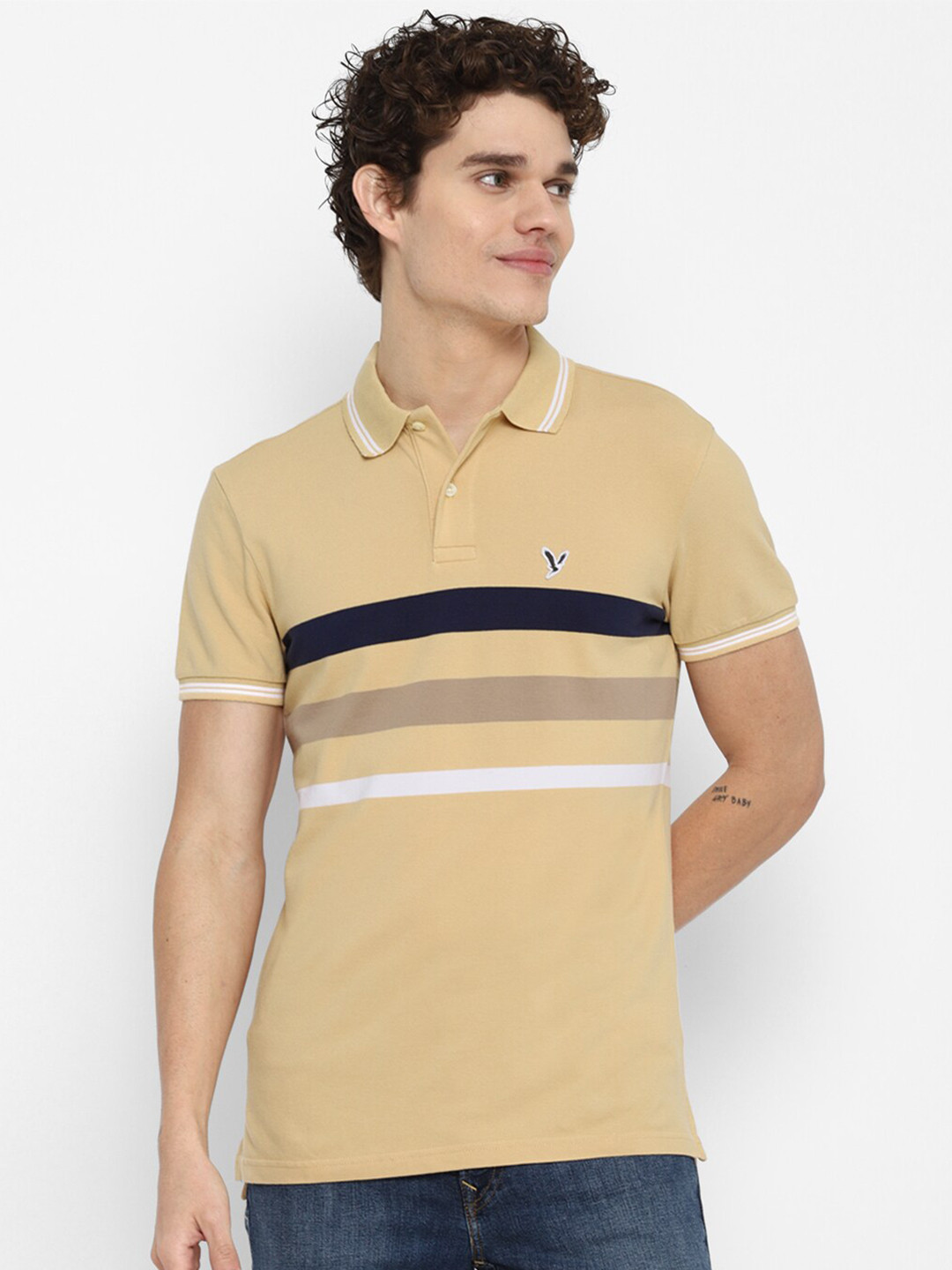 AMERICAN EAGLE OUTFITTERS Men Beige & Black Striped Polo Collar T-shirt