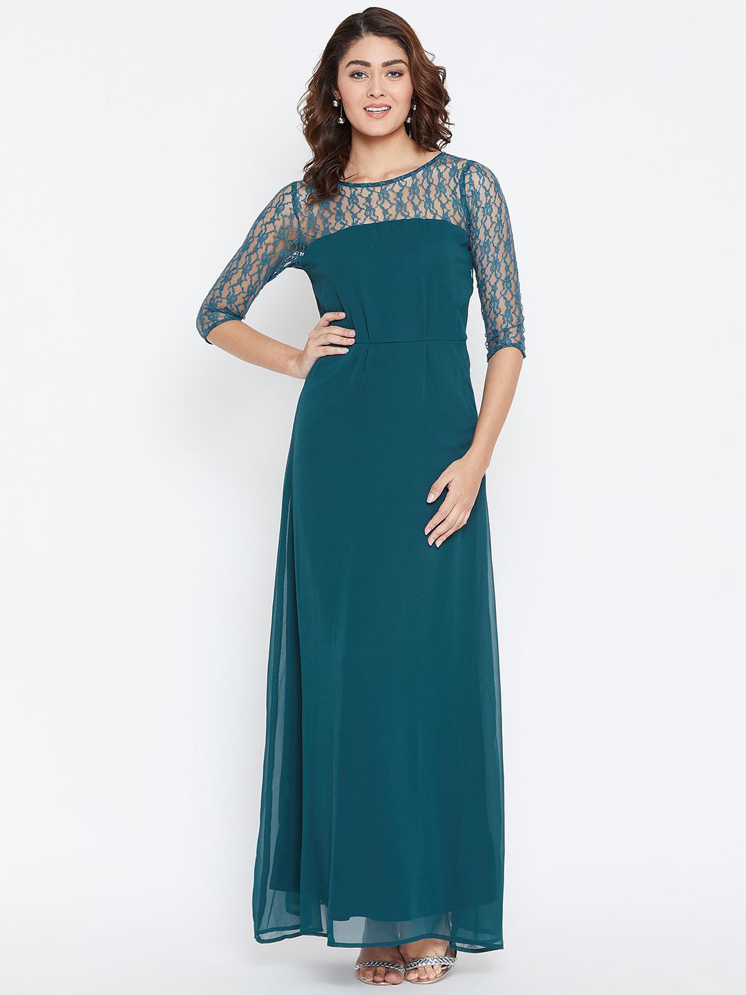 La Zoire Green Georgette Lace Maxi Dress
