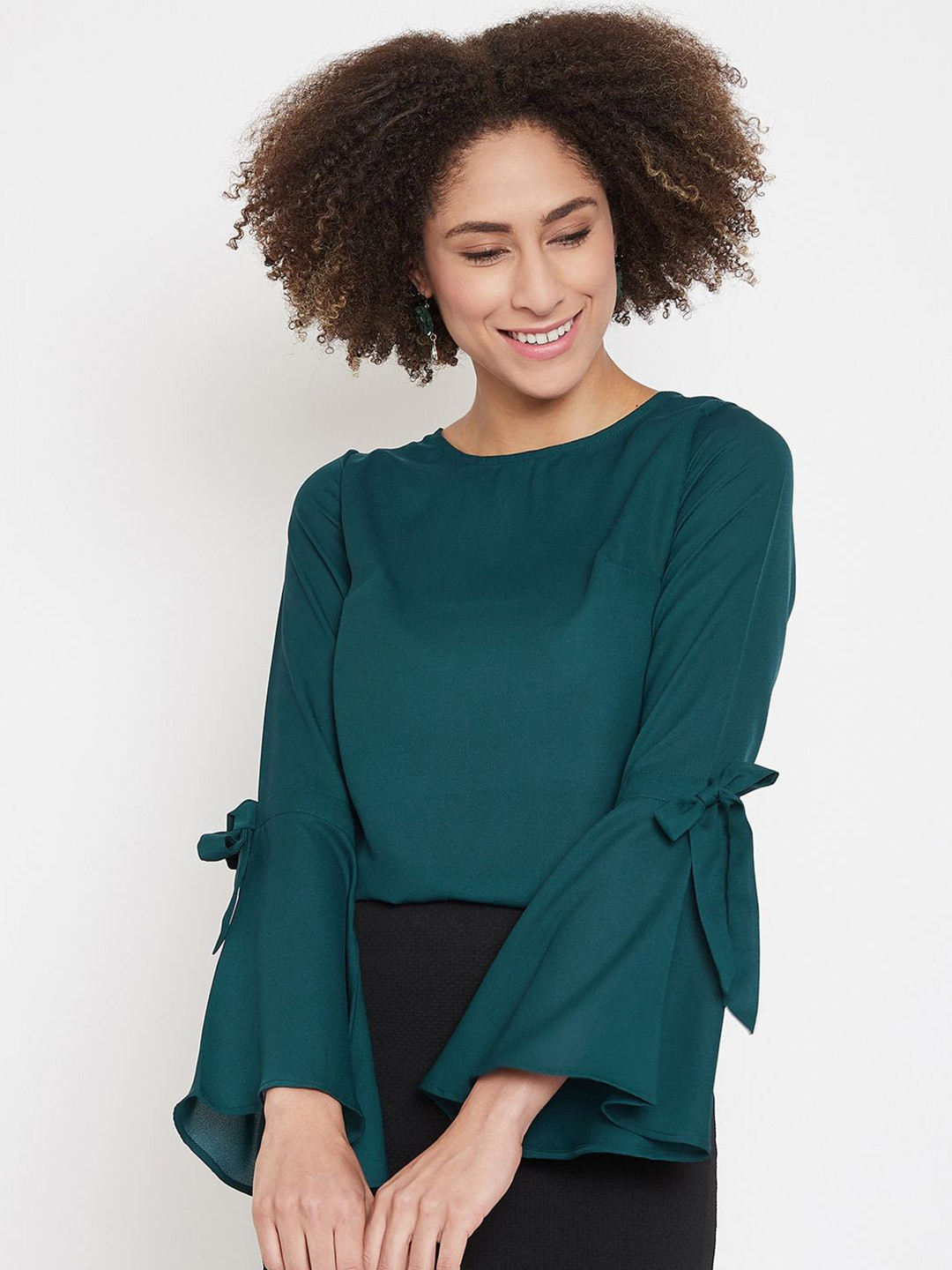 La Zoire Green Bell Sleeve With Tie Knot Georgette Top