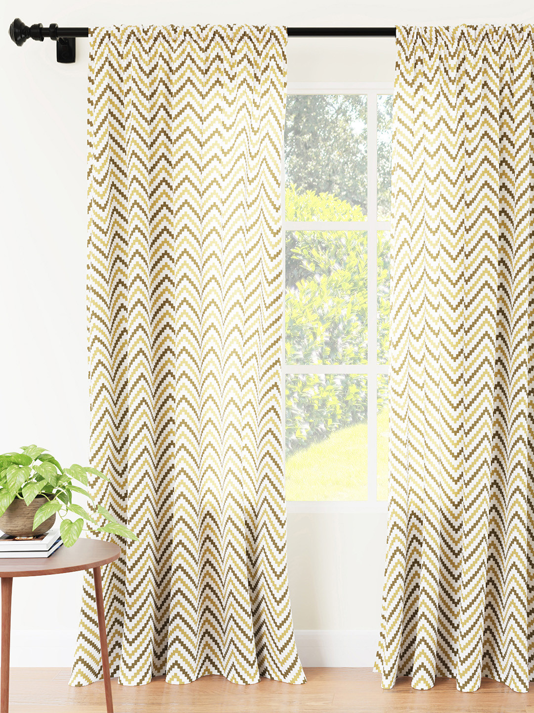 Encasa Homes White & Brown Set of 2 Geometric Door Curtain