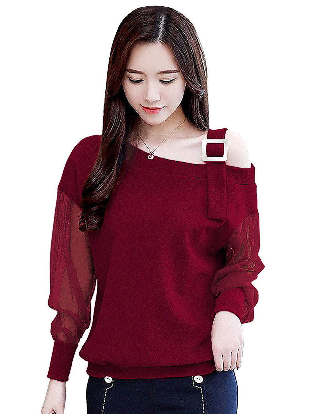 LONDON BELLY Maroon One Shoulder Blouson Top