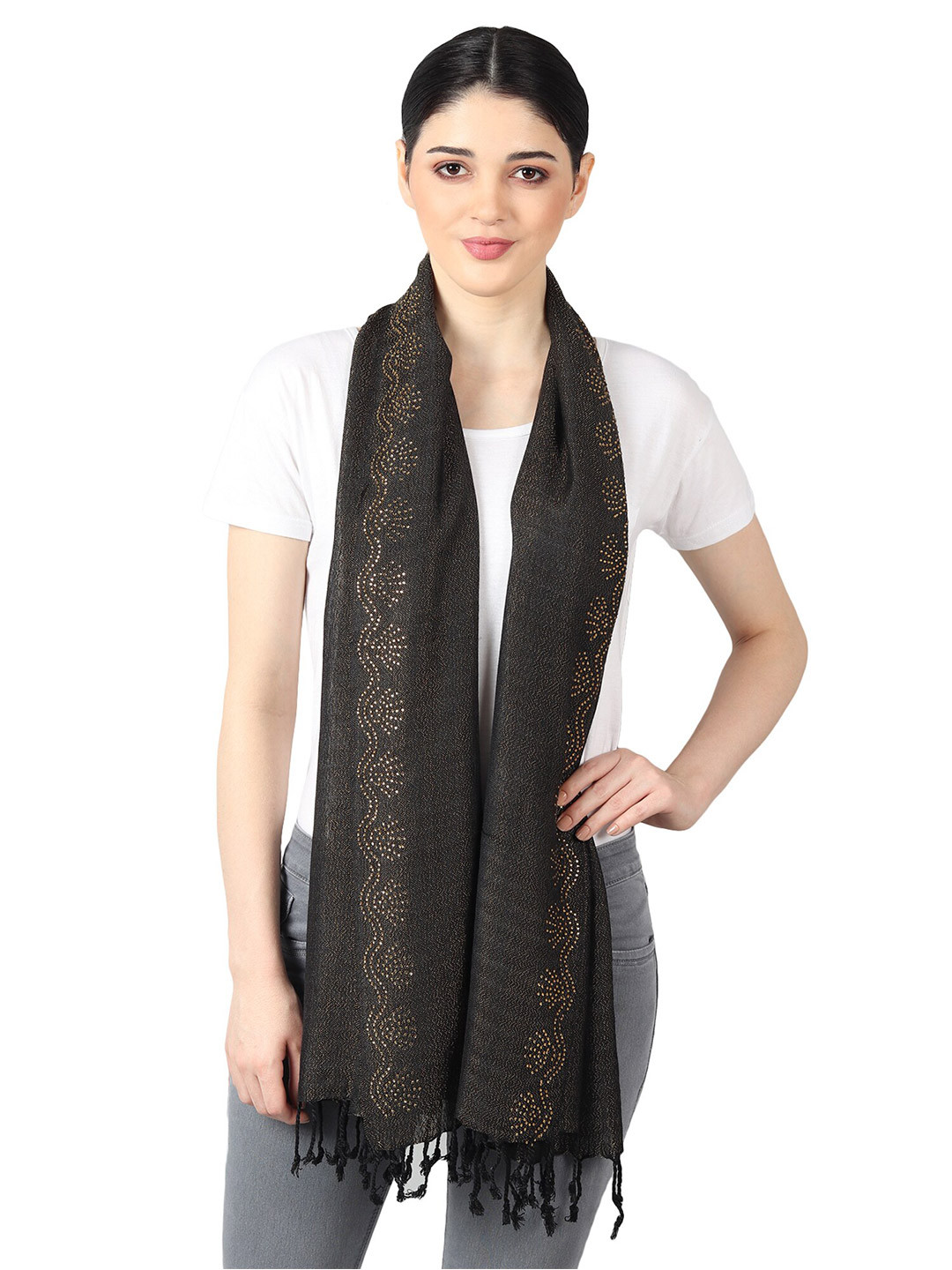 FWC FILL WITH COLOURS Women Black Woven Design Stole