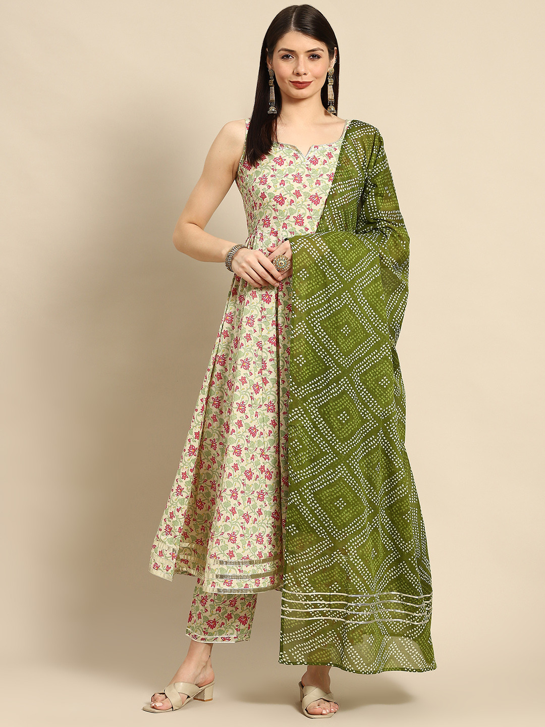 anayna Women Cream-Coloured Ethnic Motifs Pure Cotton Kurta with Trousers & Dupatta