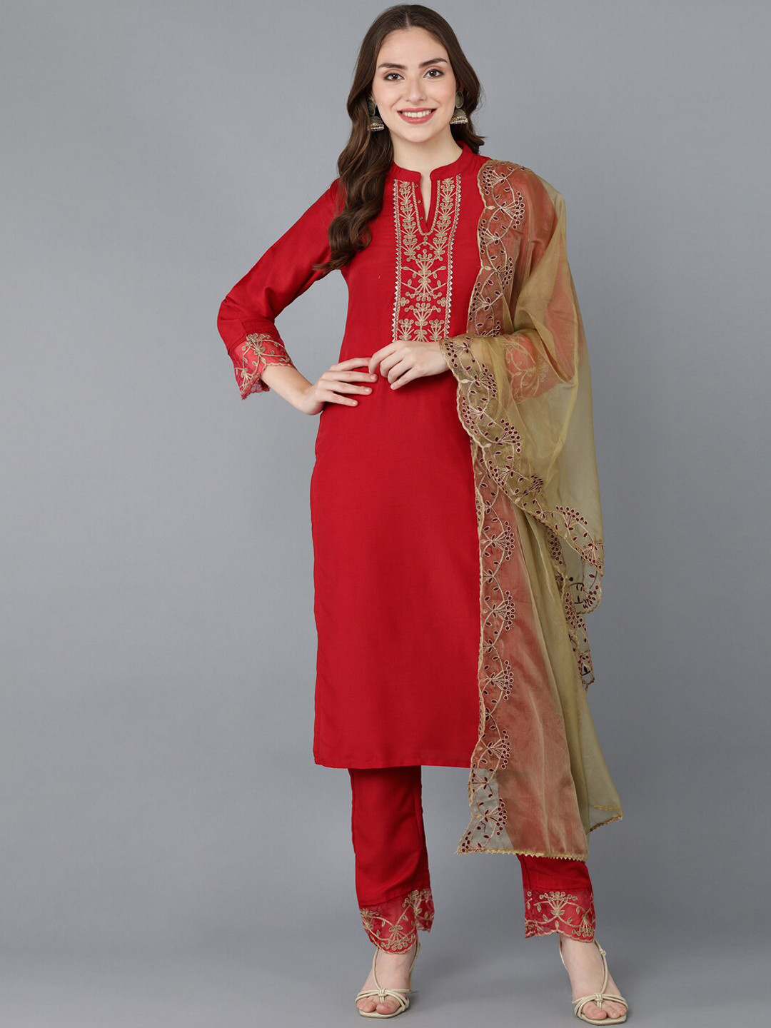 AHIKA Women Red Ethnic Motifs Yoke Design Kurti with Trousers & Dupatta