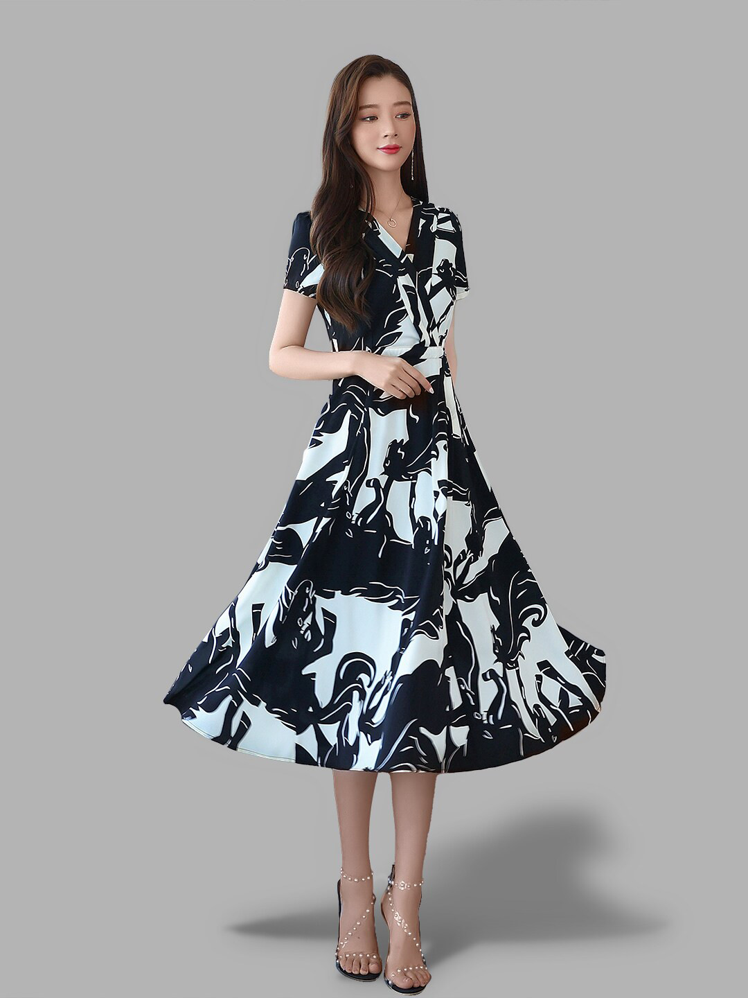 JC Collection Black & White Floral Midi Dress