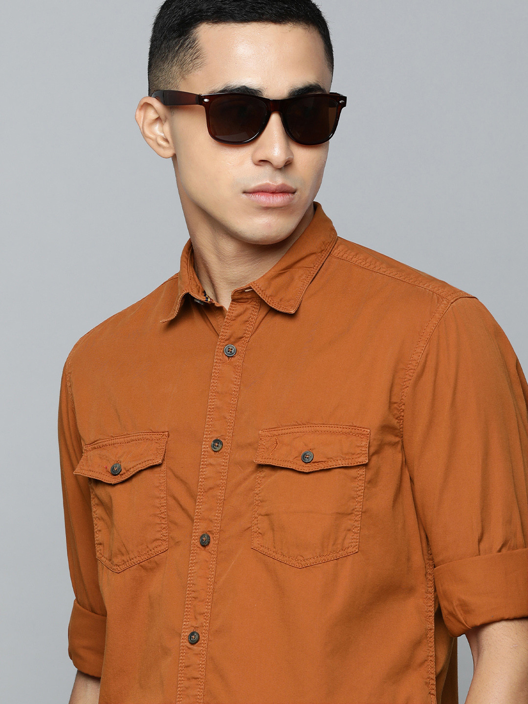 Indian Terrain Men Rust Orange Solid Pure Cotton Slim Fit Casual Shirt