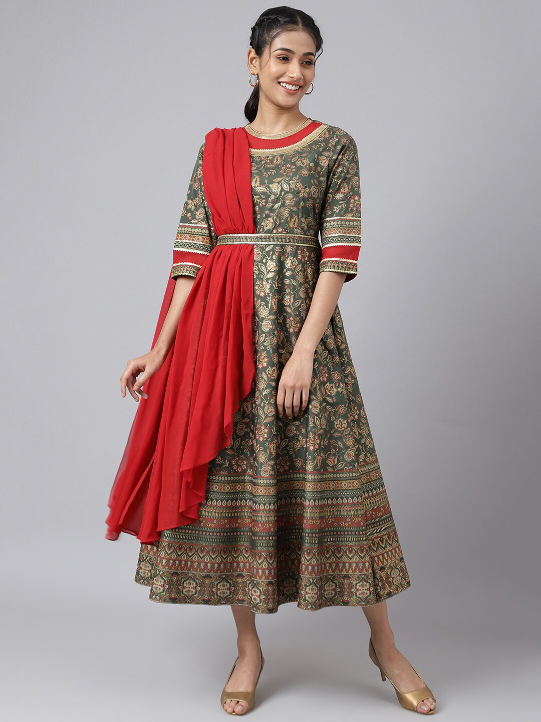 AURELIA Women Green & Red Ethnic Motifs Midi Dress With Dupatta