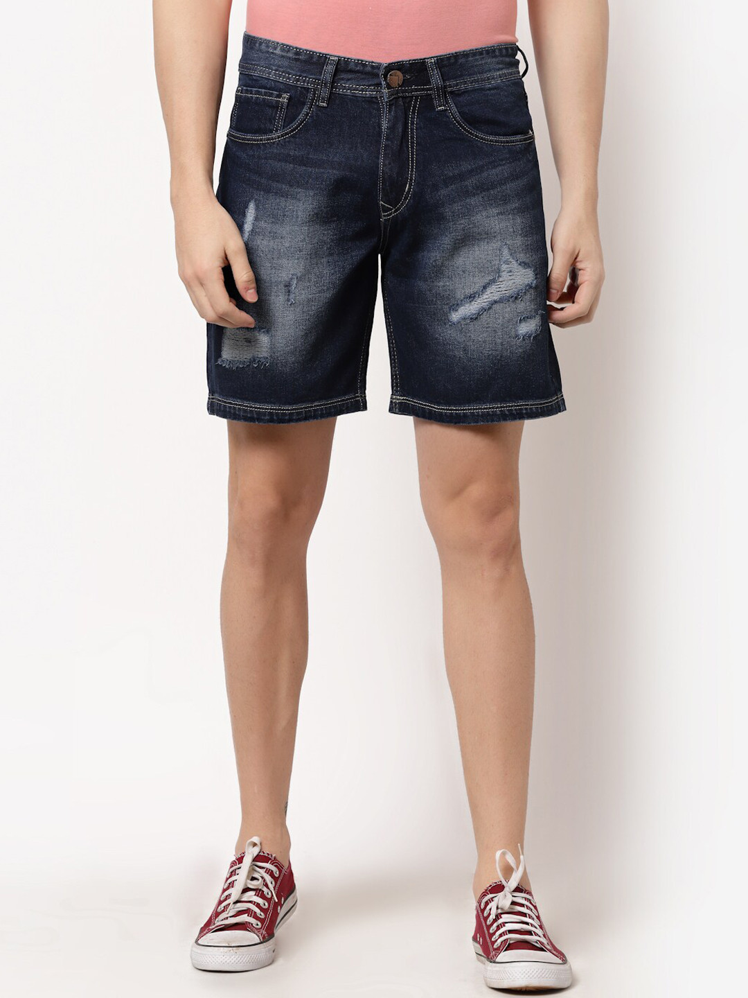 FEVER Men Blue Washed Printed Denim Sports Shorts