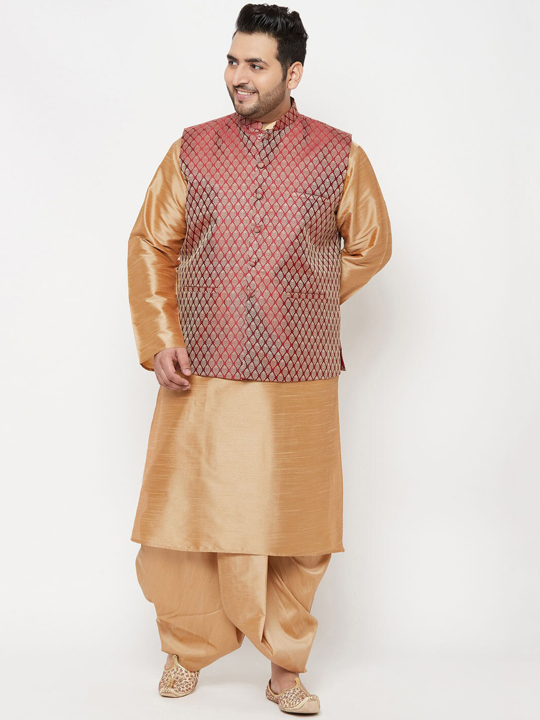 VASTRAMAY Plus Size Men Gold-Toned Kurta with Dhoti Pants & Nehru Jacket