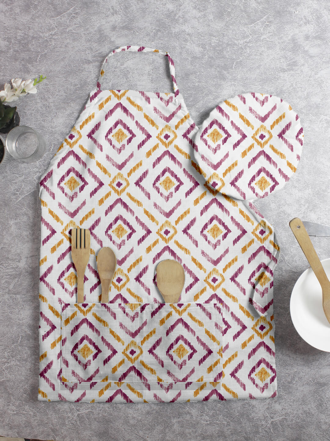 HOUZZCODE Orange Geometric Printed Apron With Cap