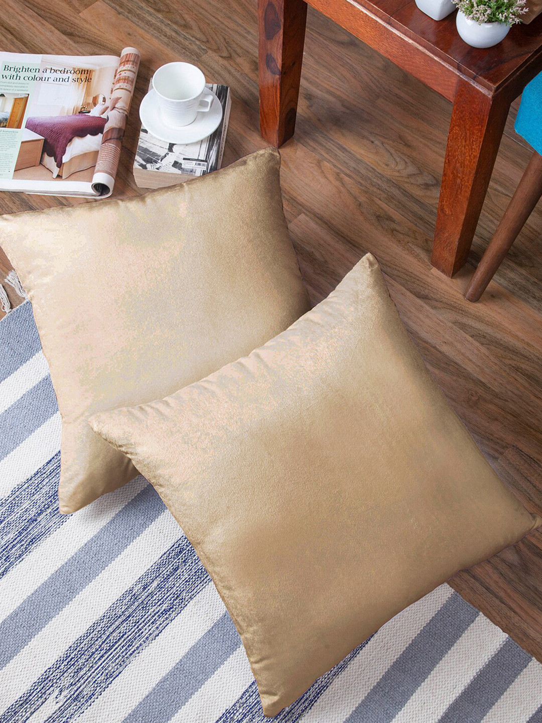 Encasa Homes Beige Set of 2 Velvet Square Cushion Covers