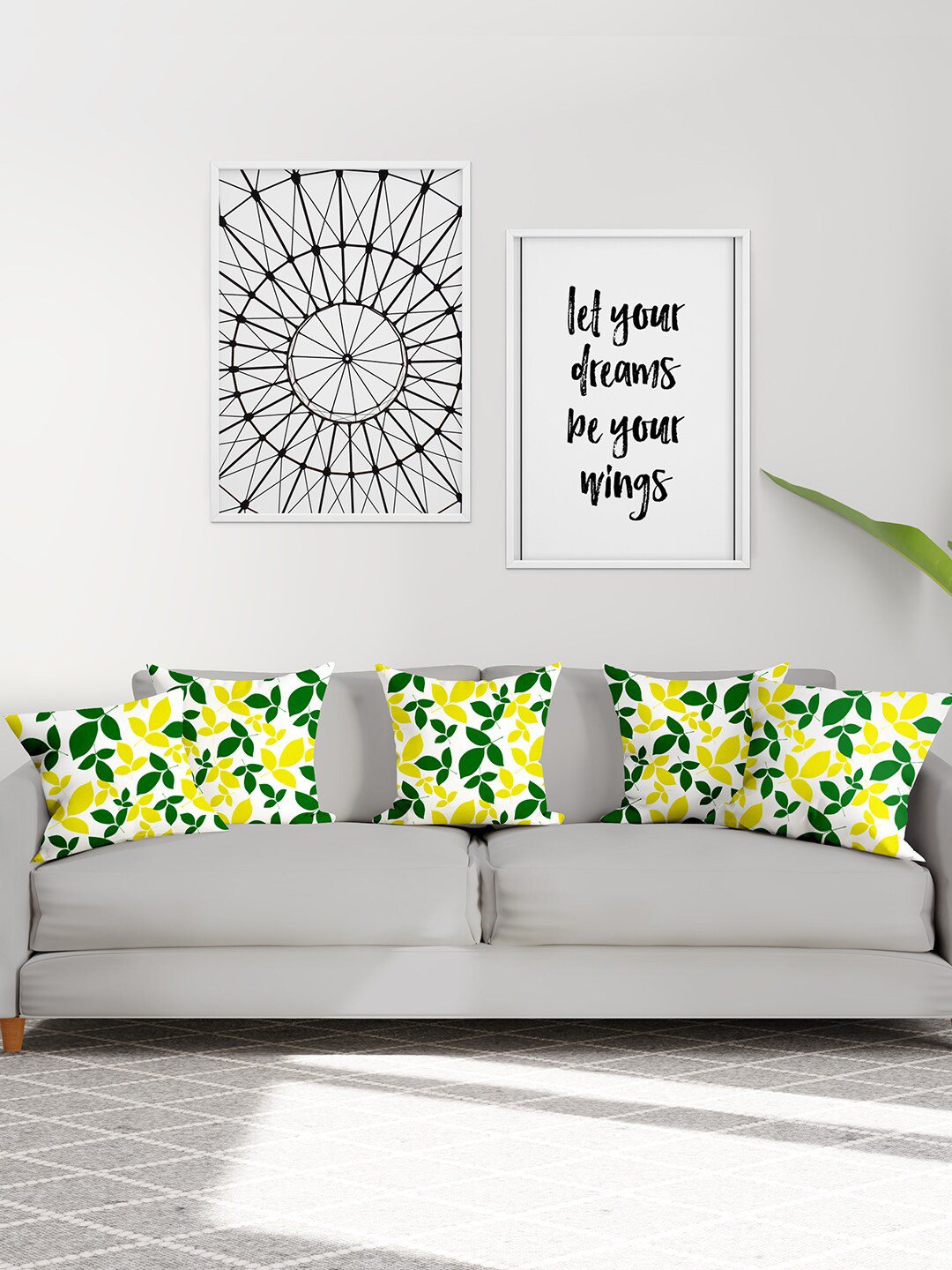 Encasa Homes Leaves Green Floral Polyester Quick-Dry 5 Pcs Square Cushion Covers -12x12In